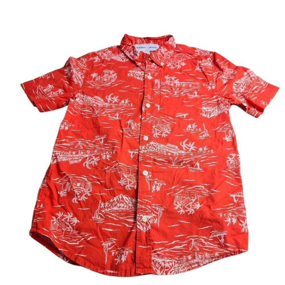 Old Navy Built in FLEX Palms Huts Boats Hawaiian Shirt 100% Cotton L10/12